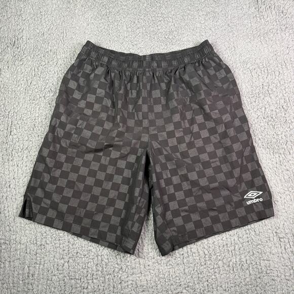Vintage Umbro Soccer Shorts Mens M Black Checkered 9" Running Shiny Drawstring - Picture 1 of 9
